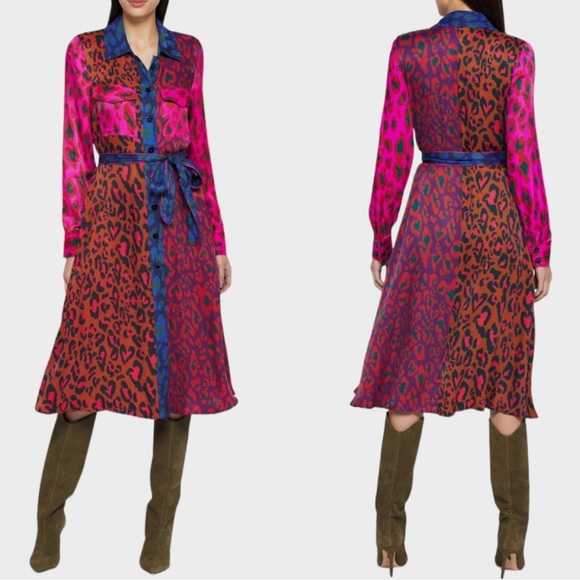 FARM Rio Dresses & Skirts - FARM Rio Pink & Orange Leopard-Print Long-Sleeve Shirt Dress